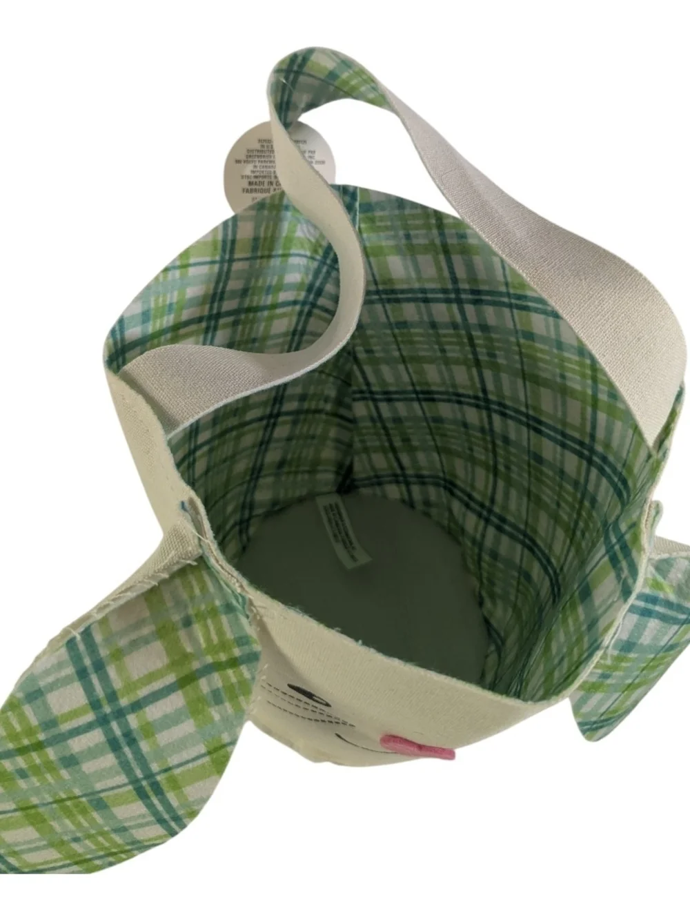 Bunny FaceTreat Basket Cream Green Plaid Ears Cloth Canvas Like